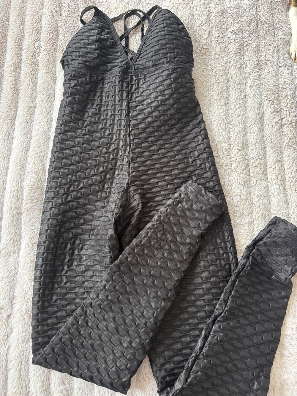 Womens Black Textured Jumpsuit - Sleek One-Piece Legging Style Booty by Brabants